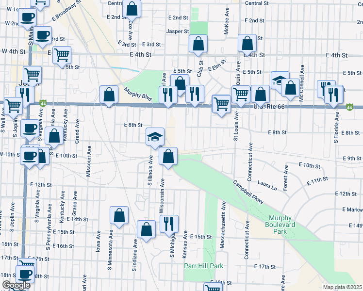 map of restaurants, bars, coffee shops, grocery stores, and more near 800 South High Avenue in Joplin