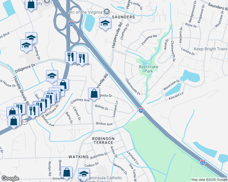 map of restaurants, bars, coffee shops, grocery stores, and more near 732 Leonard Lane in Newport News