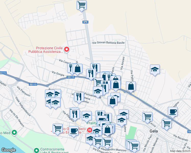 map of restaurants, bars, coffee shops, grocery stores, and more near 155 SP8 in Gela