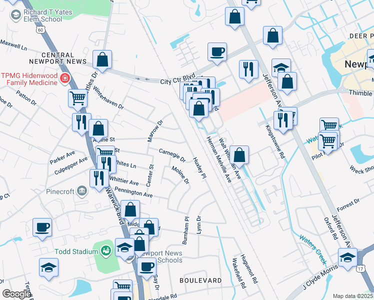 map of restaurants, bars, coffee shops, grocery stores, and more near 68 Huxley Place in Newport News