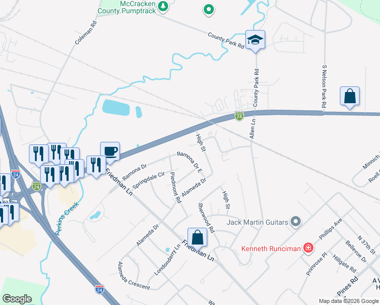 map of restaurants, bars, coffee shops, grocery stores, and more near 1301-1373 High St in Paducah