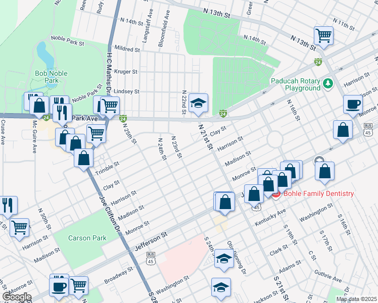 map of restaurants, bars, coffee shops, grocery stores, and more near 2110 Clay St in Paducah