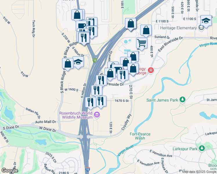 map of restaurants, bars, coffee shops, grocery stores, and more near 1501-1555 South Convention Center Drive in St. George