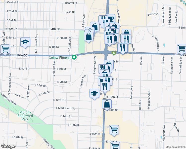 map of restaurants, bars, coffee shops, grocery stores, and more near 801 South High Avenue in Joplin