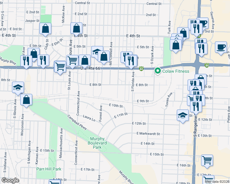 map of restaurants, bars, coffee shops, grocery stores, and more near 2216 East 8th Street in Joplin