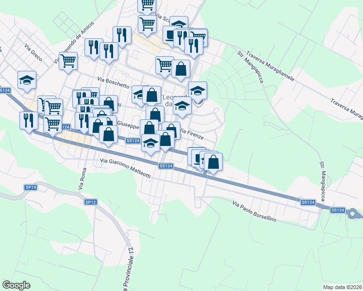 map of restaurants, bars, coffee shops, grocery stores, and more near 364 Via Giuseppe Giusti in Floridia