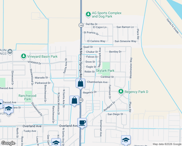 map of restaurants, bars, coffee shops, grocery stores, and more near 1335 Robin Street in Los Banos