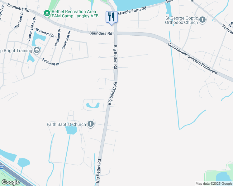 map of restaurants, bars, coffee shops, grocery stores, and more near 1394 Big Bethel Road in Hampton