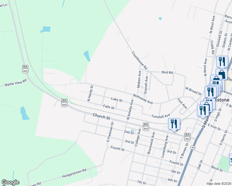 map of restaurants, bars, coffee shops, grocery stores, and more near 727 Nottoway Avenue in Blackstone