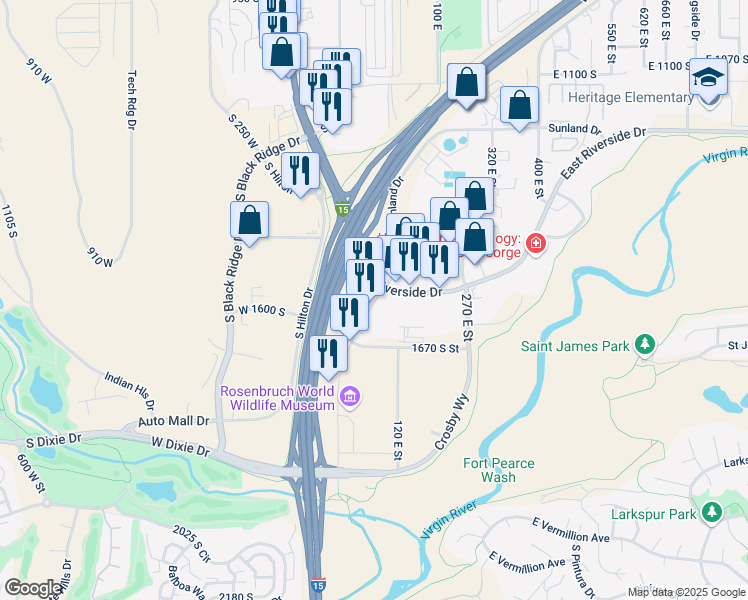 map of restaurants, bars, coffee shops, grocery stores, and more near 1555 South Convention Center Drive in St. George