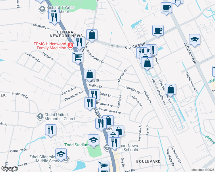 map of restaurants, bars, coffee shops, grocery stores, and more near 22 Alpine Street in Newport News