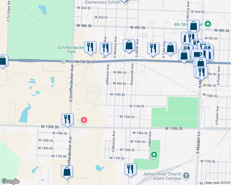 map of restaurants, bars, coffee shops, grocery stores, and more near 922 South Monroe Avenue in Joplin