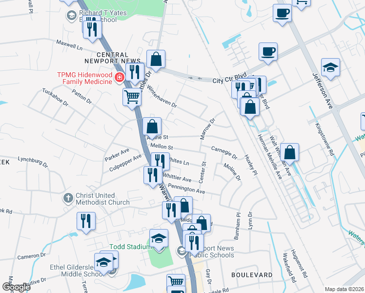 map of restaurants, bars, coffee shops, grocery stores, and more near 22 Alpine Street in Newport News