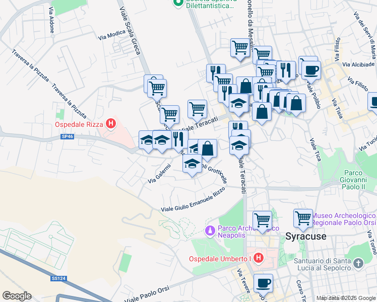 map of restaurants, bars, coffee shops, grocery stores, and more near 5 Via Augusto Murri in Syracuse