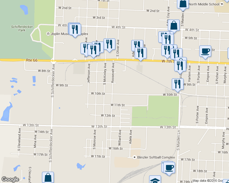 map of restaurants, bars, coffee shops, grocery stores, and more near 925 Roosevelt Avenue in Joplin