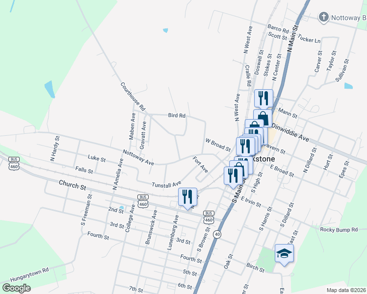 map of restaurants, bars, coffee shops, grocery stores, and more near 110 Courthouse Road in Blackstone