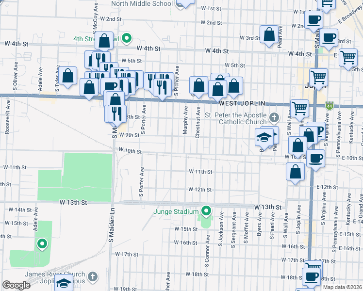 map of restaurants, bars, coffee shops, grocery stores, and more near 1102 West 9th Street in Joplin