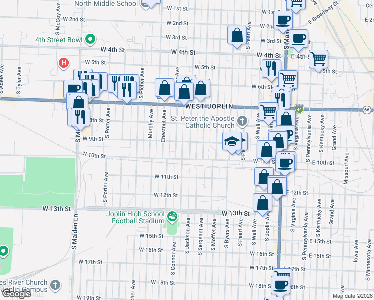 map of restaurants, bars, coffee shops, grocery stores, and more near 905 South Connor Avenue in Joplin