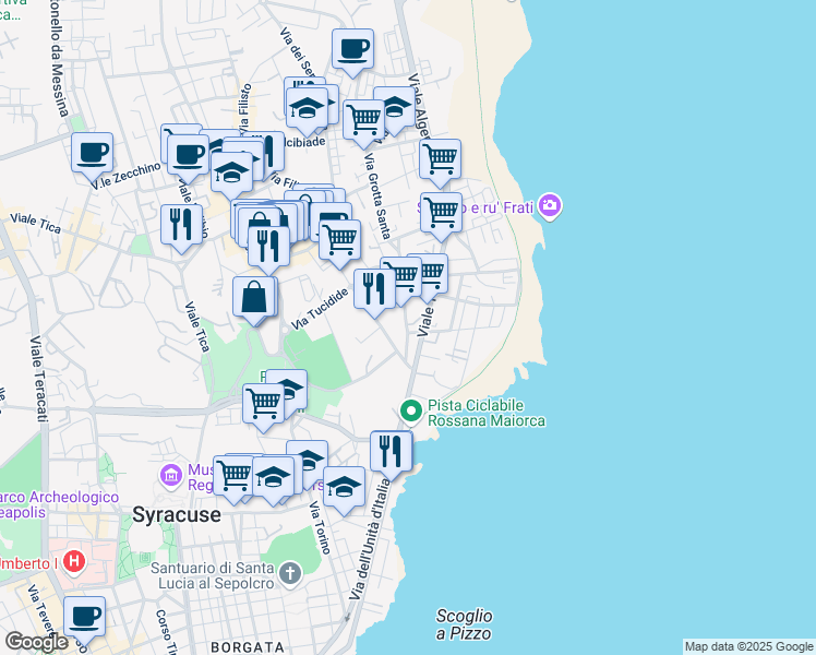 map of restaurants, bars, coffee shops, grocery stores, and more near Via Grottasanta in Syracuse
