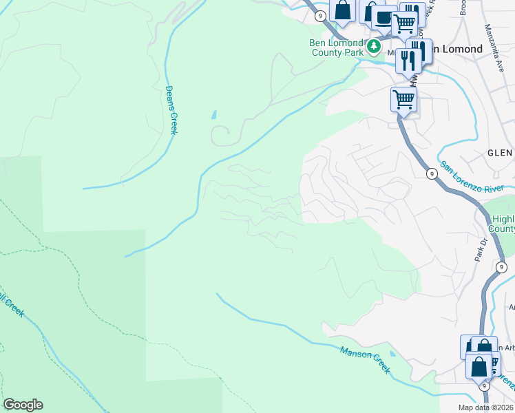 map of restaurants, bars, coffee shops, grocery stores, and more near 1365 Caledonia Avenue in Ben Lomond