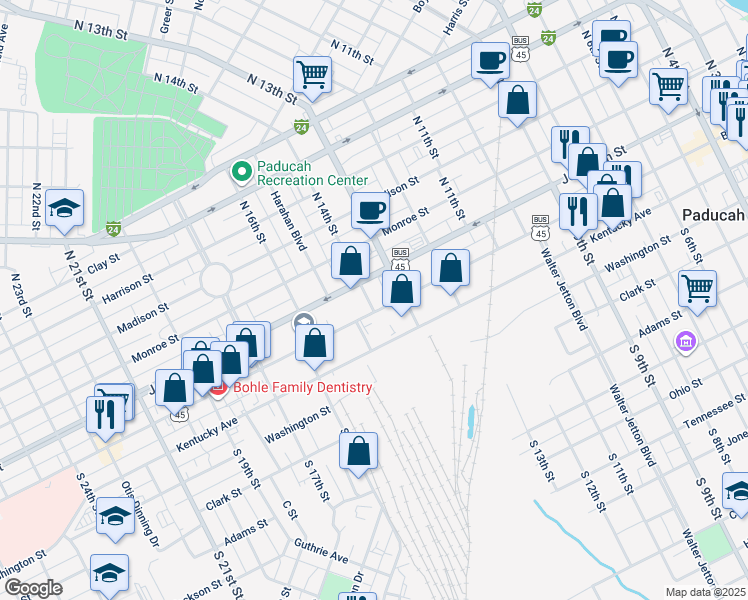 map of restaurants, bars, coffee shops, grocery stores, and more near 1331 Broadway Street in Paducah