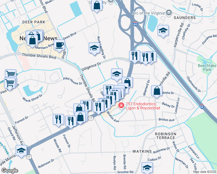 map of restaurants, bars, coffee shops, grocery stores, and more near 766 Pueblo Road in Newport News