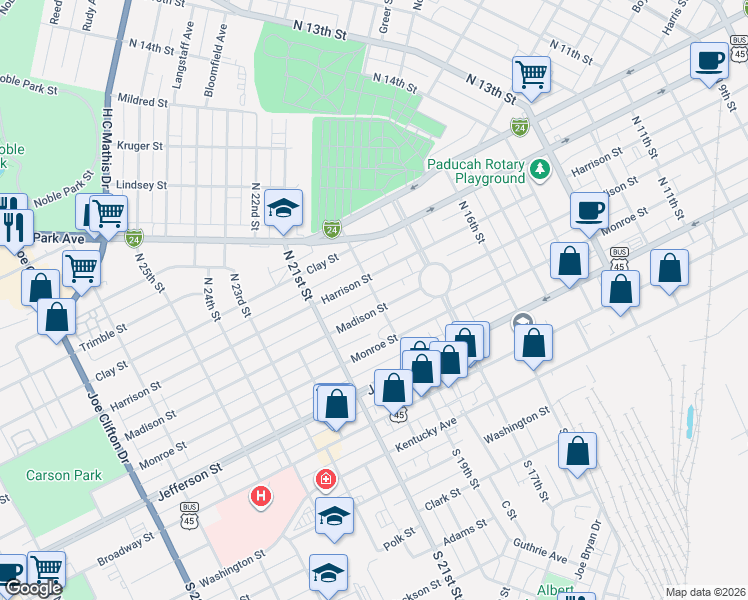 map of restaurants, bars, coffee shops, grocery stores, and more near 400-446 N 19th St in Paducah