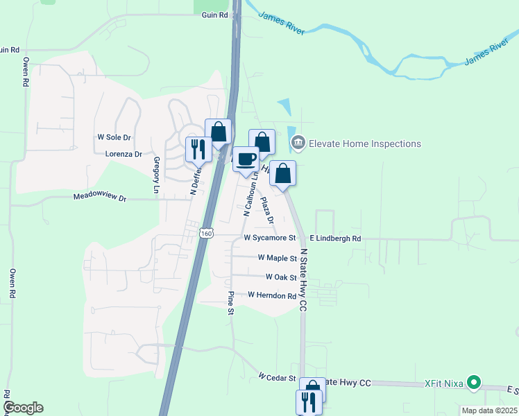 map of restaurants, bars, coffee shops, grocery stores, and more near 207 Village Court in Nixa