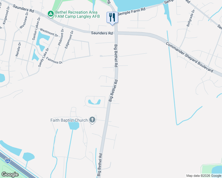 map of restaurants, bars, coffee shops, grocery stores, and more near 1391 Welcome Way in Hampton