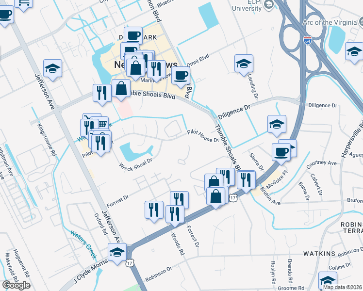 map of restaurants, bars, coffee shops, grocery stores, and more near 209 Nantucket Place in Newport News