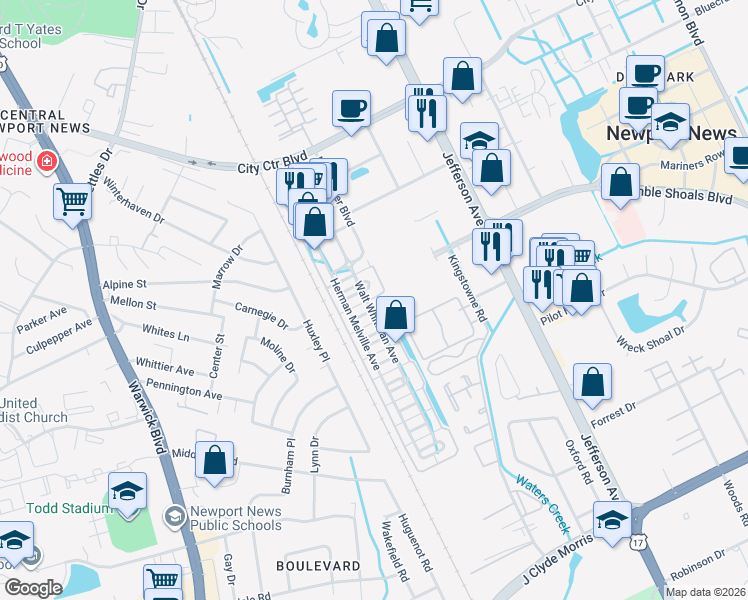 map of restaurants, bars, coffee shops, grocery stores, and more near 520 Waters Edge Drive in Newport News
