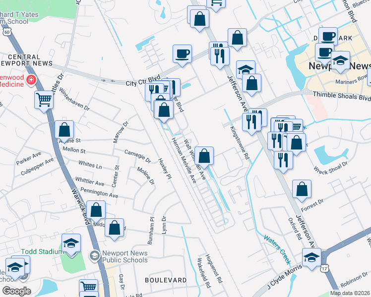 map of restaurants, bars, coffee shops, grocery stores, and more near 98 F Scott Fitzgerald Square in Newport News