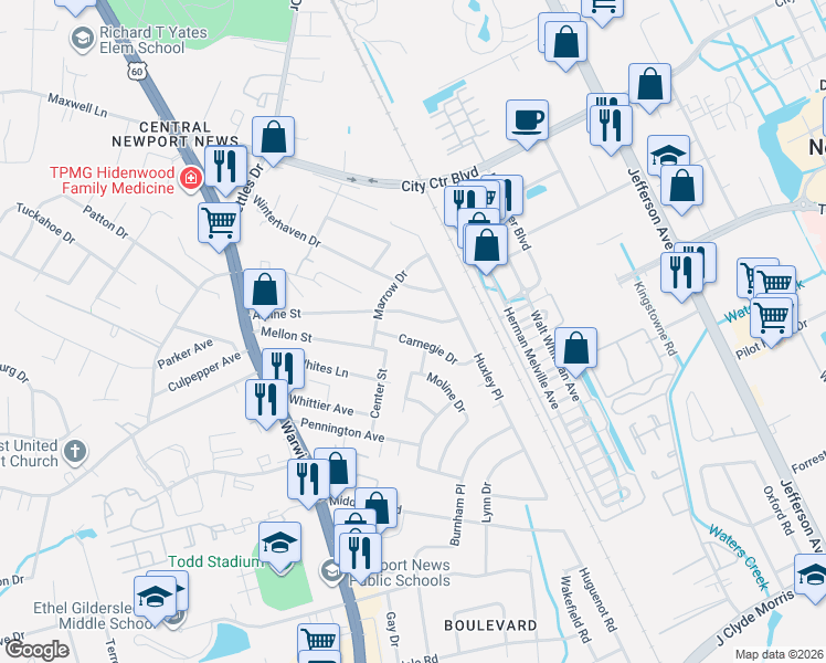 map of restaurants, bars, coffee shops, grocery stores, and more near 180 Alpine Street in Newport News