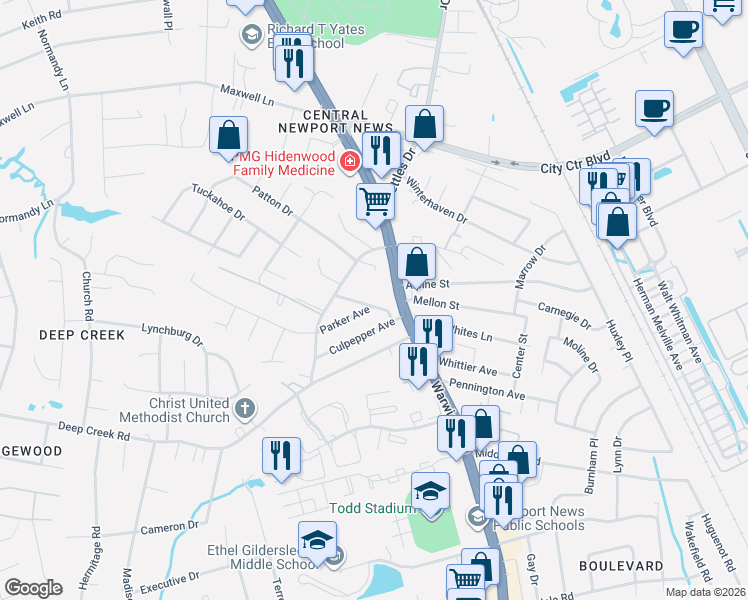 map of restaurants, bars, coffee shops, grocery stores, and more near 12563 Warwick Boulevard in Newport News