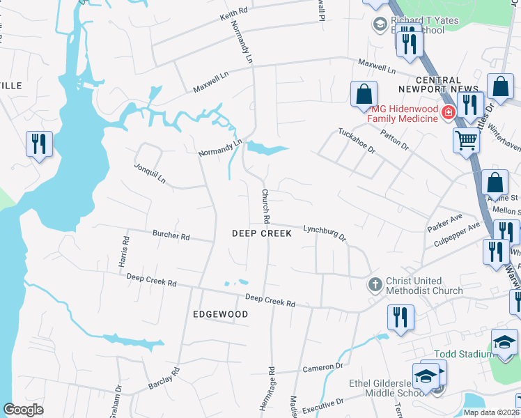map of restaurants, bars, coffee shops, grocery stores, and more near 30 Cherbourg Drive in Newport News