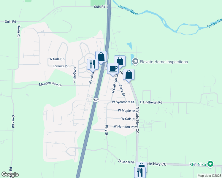 map of restaurants, bars, coffee shops, grocery stores, and more near 207 Village Court in Nixa