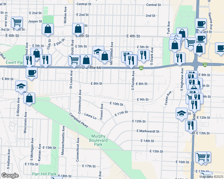 map of restaurants, bars, coffee shops, grocery stores, and more near 2216 East 8th Street in Joplin
