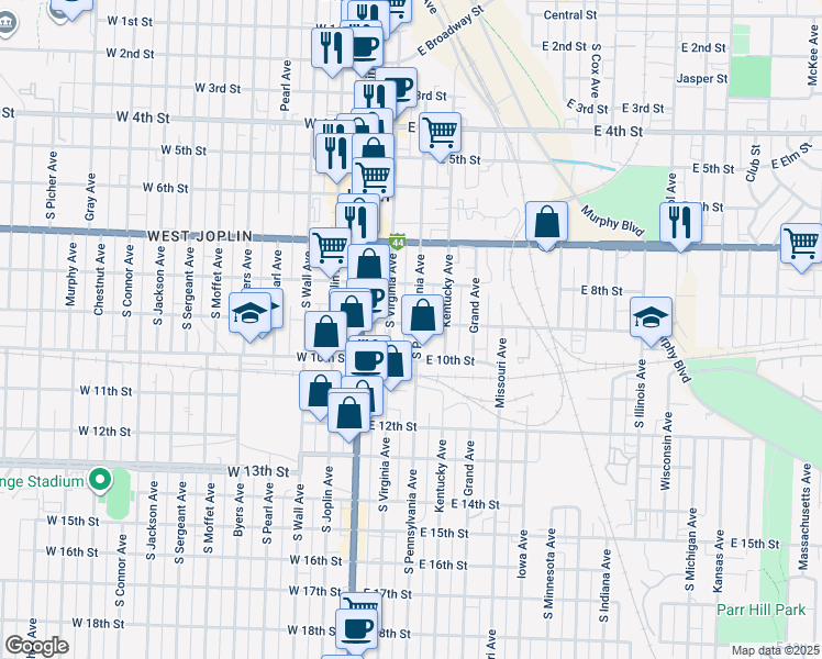 map of restaurants, bars, coffee shops, grocery stores, and more near 904 South Pennsylvania Avenue in Joplin