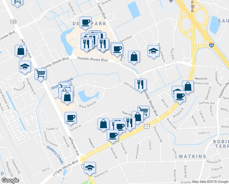 map of restaurants, bars, coffee shops, grocery stores, and more near 172 Tidal Drive in Newport News