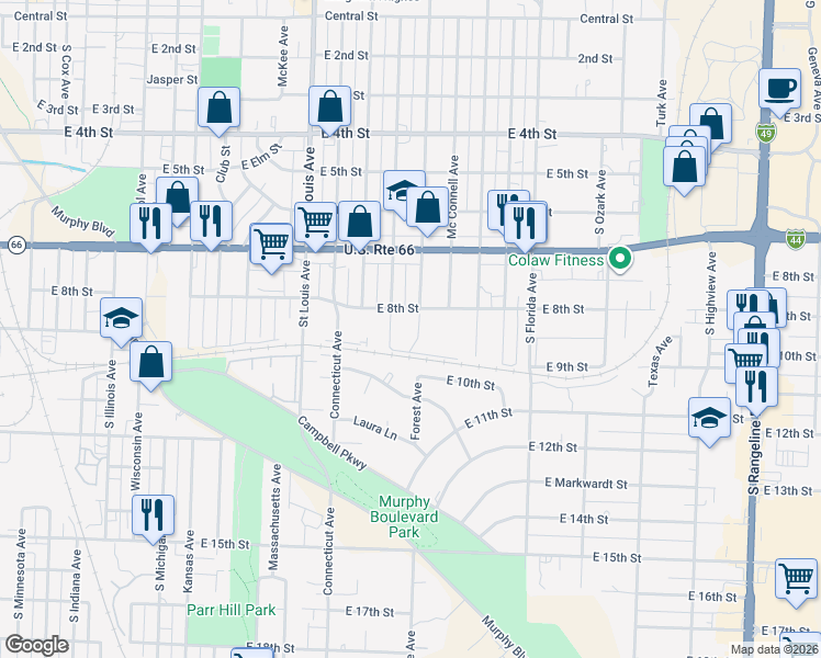 map of restaurants, bars, coffee shops, grocery stores, and more near 808 Forest Avenue in Joplin