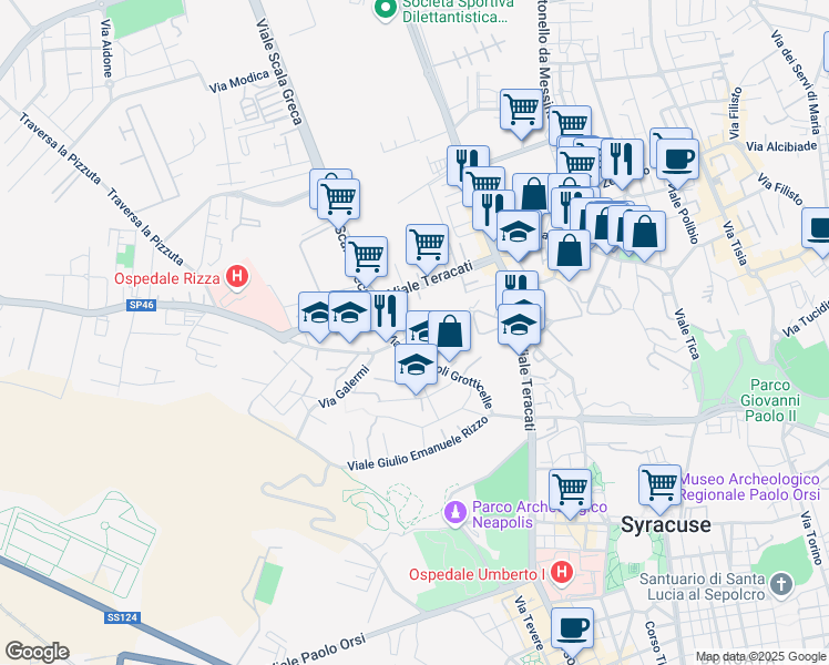map of restaurants, bars, coffee shops, grocery stores, and more near 5 Via Augusto Murri in Siracusa