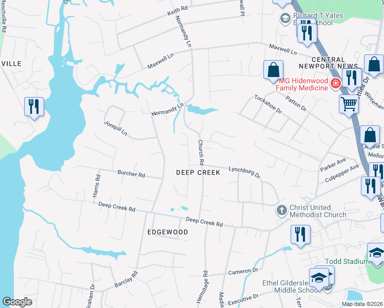 map of restaurants, bars, coffee shops, grocery stores, and more near 30 Cherbourg Drive in Newport News