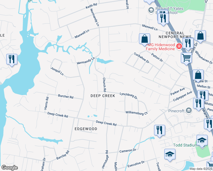map of restaurants, bars, coffee shops, grocery stores, and more near 66 Church Road in Newport News