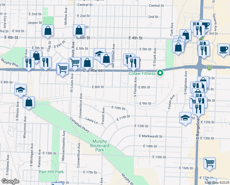 map of restaurants, bars, coffee shops, grocery stores, and more near 2230 East 8th Street in Joplin