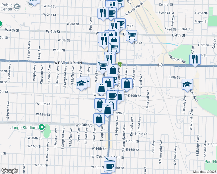 map of restaurants, bars, coffee shops, grocery stores, and more near 100-198 E 9th St in Joplin
