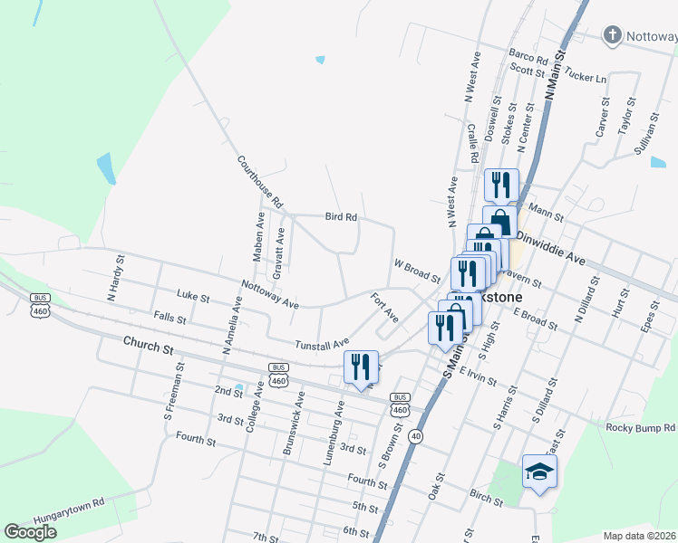 map of restaurants, bars, coffee shops, grocery stores, and more near 107 Courthouse Road in Blackstone