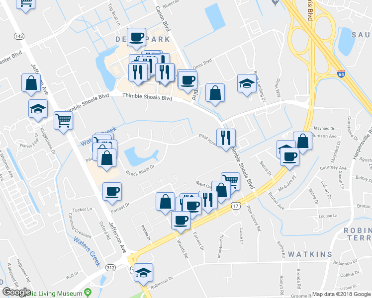 map of restaurants, bars, coffee shops, grocery stores, and more near 189 Nantucket Place in Newport News