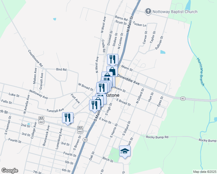 map of restaurants, bars, coffee shops, grocery stores, and more near 121 North Main Street in Blackstone