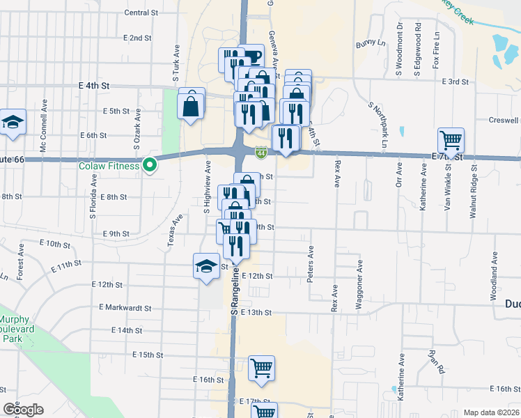 map of restaurants, bars, coffee shops, grocery stores, and more near 3026 East 9th Street in Joplin