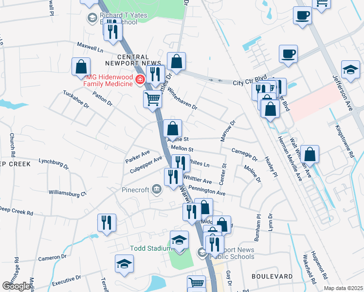 map of restaurants, bars, coffee shops, grocery stores, and more near 5 Mellon Street in Newport News
